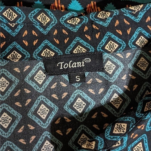 Tolani Silk Tunic Button Up Small Black Aqua Aztec Boho Blouse Prairie Roll Tab - Picture 3 of 8